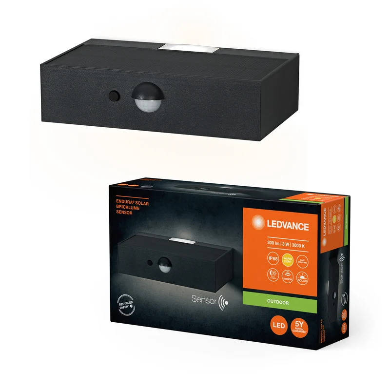 LEDVANCE ENDURA STYLE BRICKLUME Sensor, Solarleuchte, 3W, 300lm, grau, dunkelgrau, indirekte Beleuchtung, Bewegungsmelder, Tageslichtsensor, IP65, 3. 000K Farbtemperatur, warmweiße Lichtfarbe