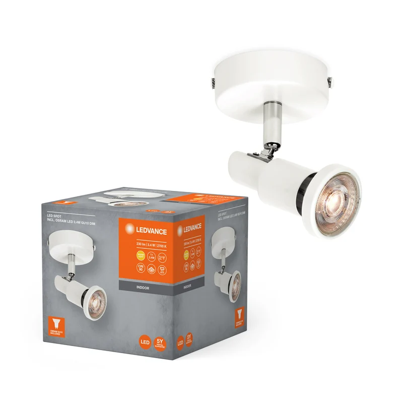 LEDVANCE LED SPOT GU10 1 x 3,4W, 230lm, weiß, 2. 700K Farbtemperatur, warmweiße Lichtfarbe, zeitloses Design, austauschbare LED-Lampe, ideal für Innenräume, CRI 90, verstellbare Köpfe