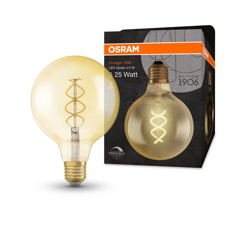 OSRAM VINTAGE 1906® LED Lampe LED CLASSIC Globe Dimmable 4W 820 Gold E27 Golden Socket, 300 lm, 2000 K, Comfort warm white