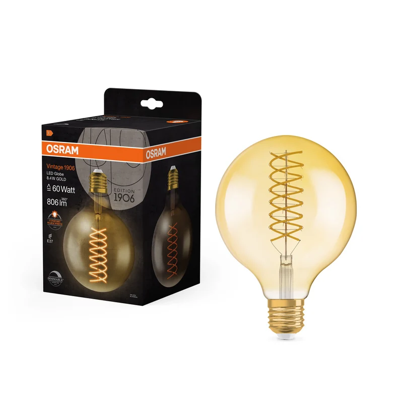 OSRAM VINTAGE 1906® LED Lampe LED CLASSIC Globe Dimmable 8.8W 824 Gold E27, 806 lm, 2400 K, Comfort warm white