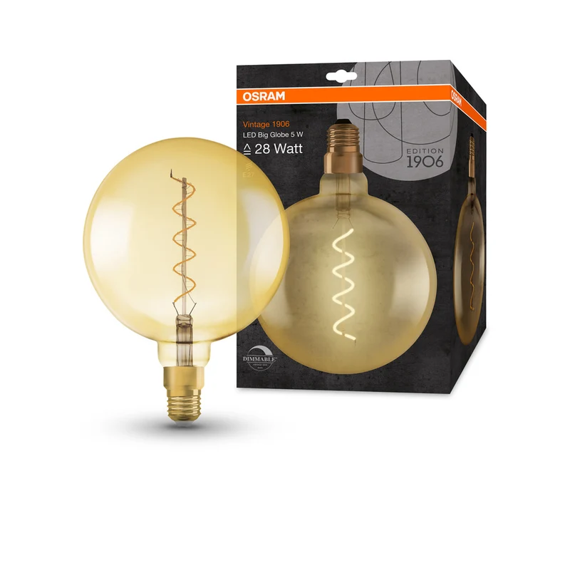 OSRAM VINTAGE 1906® LED Lampe LED CLASSIC Globe Dimmable 4W 820 Gold E27 Silver Socket, 300 lm, 2000 K, Warm Comfort Light
