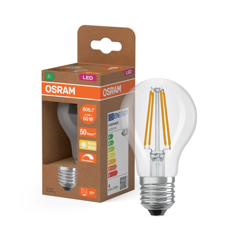 OSRAM LED CLASSIC A ENERGY EFFICIENCY A DIM in A-Form, LED-Lampe, Bleifreies Glas, Klar, 3,8 W, (ex 60 W), 806 lm, Warmweiß, 2700 K, Dimmbar, Energieeffizienzklasse: A