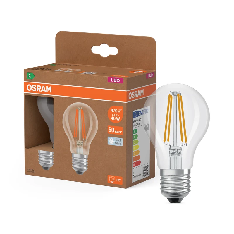 OSRAM LED LAMPS ENERGY CLASS A ENERGY EFFICIENCY FILAMENT CLASSIC A in A-Form, LED-Lampe, Bleifreies Glas, Klar, 2,2 W, 470 lm, Kaltweiß, Energieeffizienzklasse: A, 2er