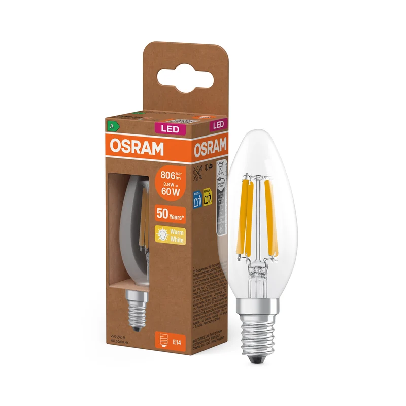 OSRAM LED CLASSIC B ENERGY EFFICIENCY A in B-Form, LED-Lampe, Bleifreies Glas, Klar, 3,8 W, (ex 60 W), 806 lm, Warmweiß, 2700 K, Energieeffizienzklasse: A, CRI 80
