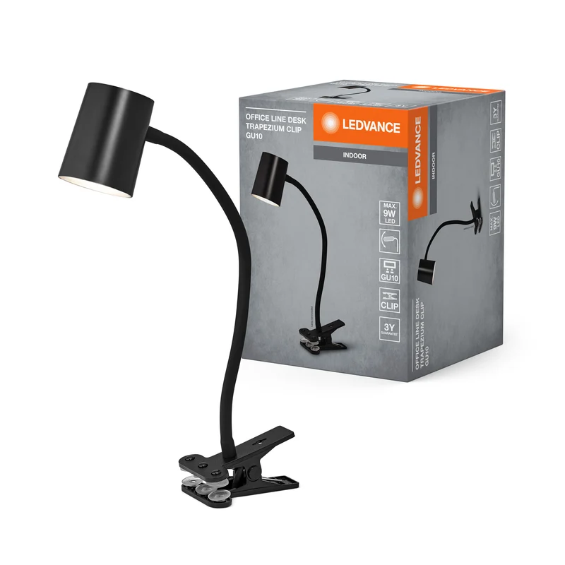 LEDVANCE Office Line Klemmleuchte mit biegsamem Flexarm und GU10-Sockel in Schwarz aus Kunststoff, IP20-Schutz, für Home Office und andere Innenraumanwendungen
