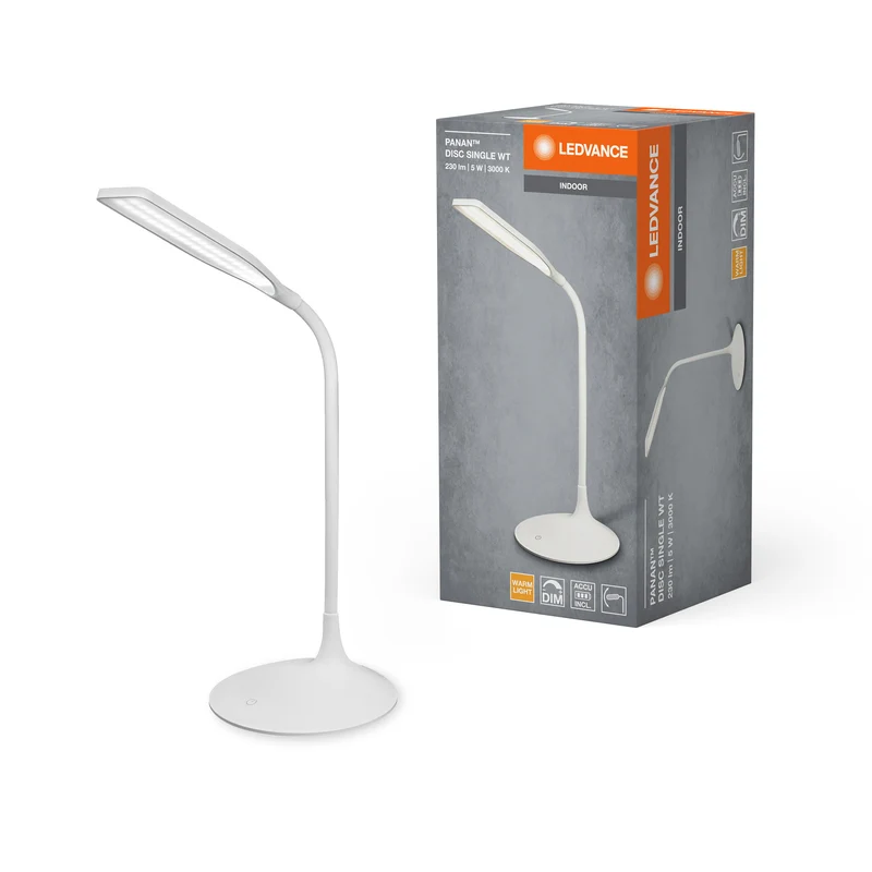 LEDVANCE Panan Disc LED Tischleuchte Weiß, Warmweiß 3000K, Akku-Betrieb, Dimmbar, Flexibler Hals, für Wohn- und Arbeitsbereiche