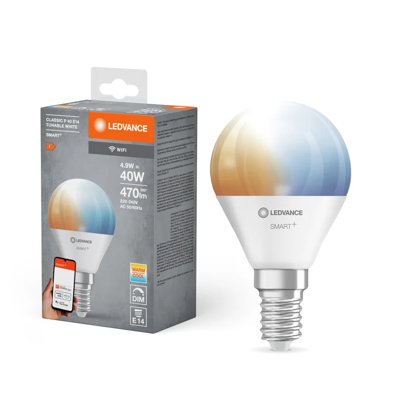 LEDVANCE SMART+ WiFi Mini Bulb Tunable White in P-Form, LED-Lampe, Matt, 4,9 W, (ex 40 W), 470 lm, Lichtfarbe variabel, von 2700 bis 6500 K, Wifi, Dimmbar