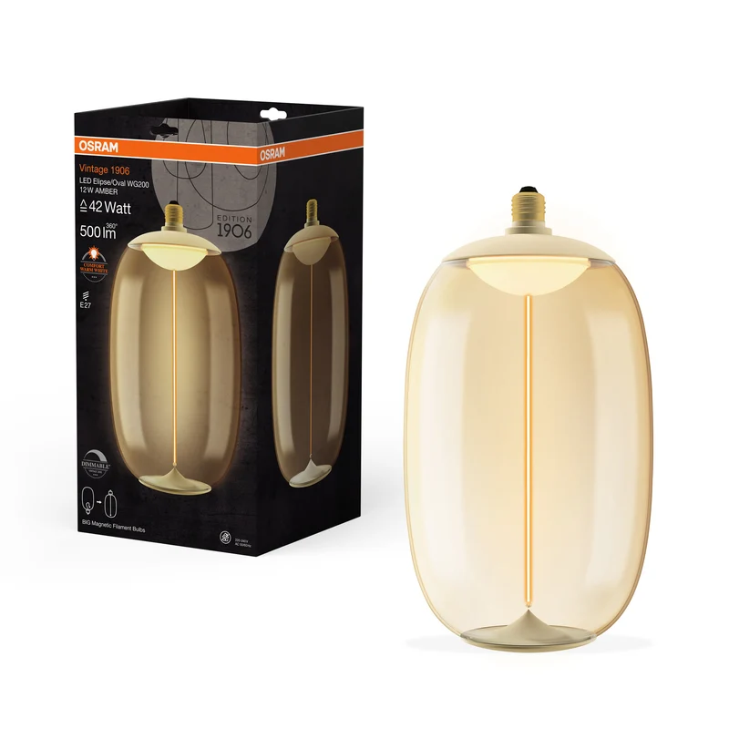 OSRAM Vintage 1906® LED BIG DECORATIVE BULB WITH FILAMENT-MAGNETIC STYLE LED-Lampe Amber, dimmbar, 12W, E27, ELIPSE OVAL , Comfort warm white
