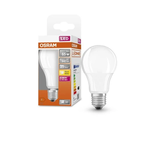 OSRAM LED-Lampen, klassische Kolbenform, 12V-36V, 65 Watts Ersatz, E27, A-shape, 2700 Kelvin, Warm weiß, Matt, single Pack