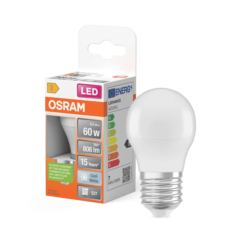 OSRAM LED PCR LAMP WITH CLASSIC P in P-Form, LED-Lampe, Matt, 7,5 W, (ex 60 W), 806 lm, Kaltweiß, 4000 K, 15000 h, CRI 80