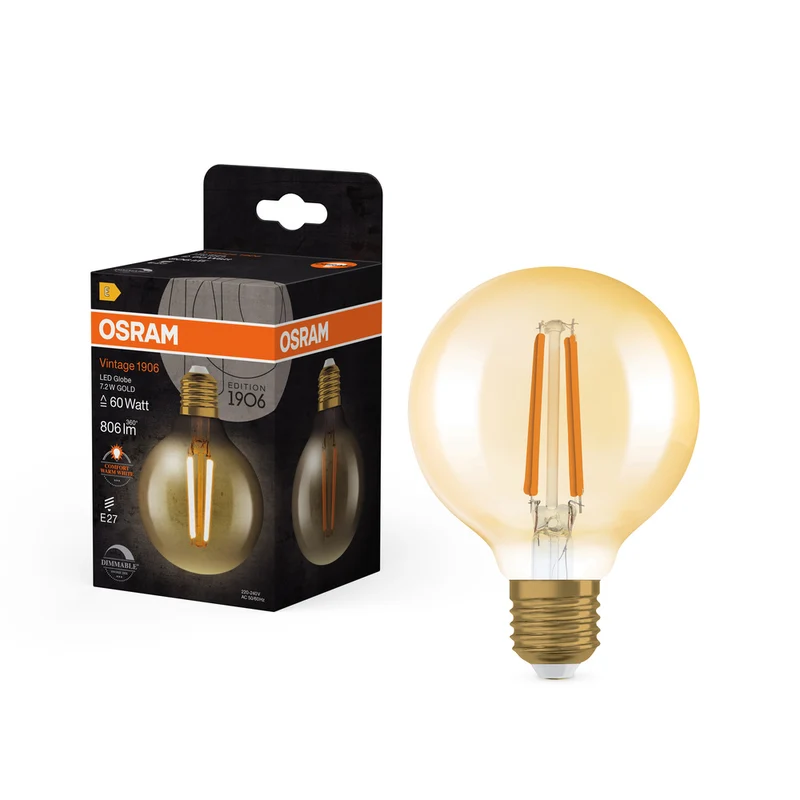 OSRAM VINTAGE 1906® LED Lampe LED CLASSIC Globe Dimmable 7.2W 824 Gold E27, 806 lm, 2400 K, Comfort warm white