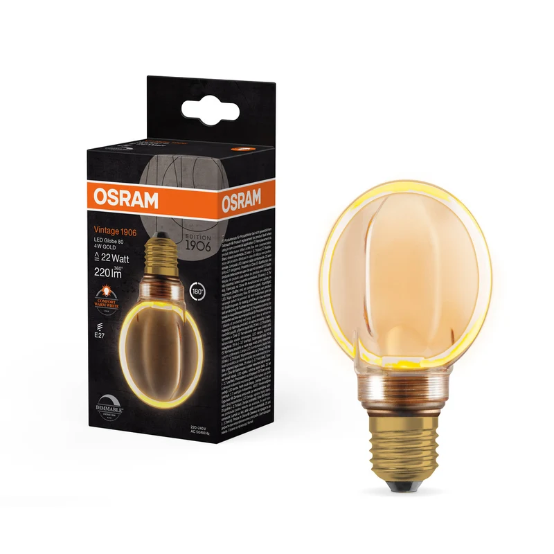 OSRAM VINTAGE 1906® LED Lampe LED CLASSIC GLOBE80 O - Form FILAMENT 4W 818 Gold E27, 220 lm, 1800 K, Comfort warm white