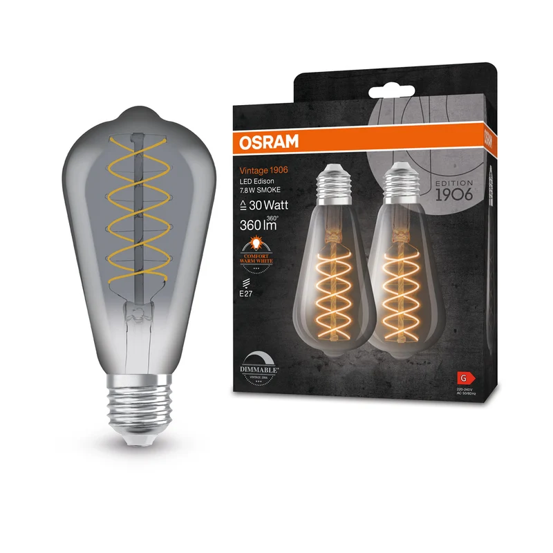OSRAM VINTAGE 1906® LED Lampe LED CLASSIC SLIM FILAMENT EDISON DIMMABLE 7.8W 818 Smoke E27, 360 lm, 1800 K, Comfort warm white, 2er Pack