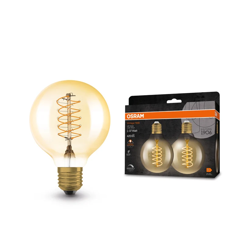 OSRAM VINTAGE 1906® LED Lampe LED CLASSIC SLIM FILAMENT Globe DIMMABLE 4.8W 822 Gold E27, 420 lm, 2200 K, Comfort warm white, 2er Pack