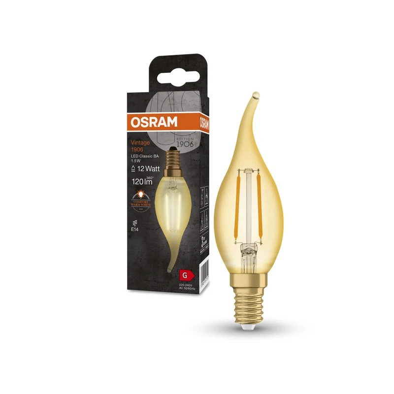 OSRAM VINTAGE 1906® LED Lampe LED CLASSIC B 1.5W 824 Gold E14 BA-Form, 120 lm, 2400 K, Warm Comfort Light