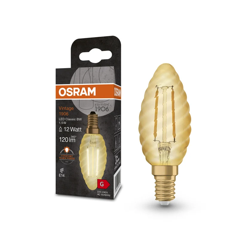OSRAM VINTAGE 1906® LED Lampe LED CLASSIC B 1.5W 824 Gold E14 BW-Form, 120 lm, 2400 K, Warm Comfort Light