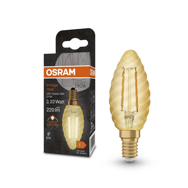 OSRAM VINTAGE 1906® LED Lampe LED CLASSIC B 2.5W 824 Gold E14 BW-Form, 220 lm, 2400 K, Warm Comfort Light