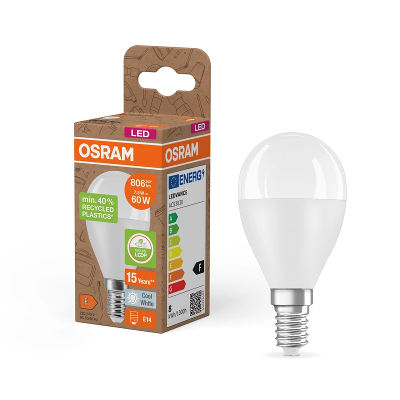 OSRAM LED PCR LAMPS WITH CLASSIC P , LED-Lampe, Matt, 7,5 W, (ex 60 W), 806 lm, Kaltweiß, 4000 K, 15000 h, CRI ≥80, PCR-Recycling