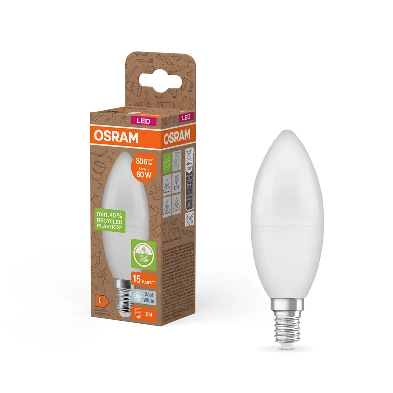 OSRAM LED PCR LAMPS WITH CLASSIC B , LED-Lampe, Matt, 7,5 W, (ex 60 W), 806 lm, Kaltweiß, 4000 K, 15000 h, CRI ≥80, PCR-Recycling