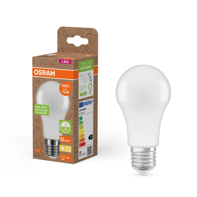 OSRAM LED PCR LAMPS WITH CLASSIC A , LED-Lampe, Matt, 10 W, (ex 75 W), 1055 lm, Warmweiß, 2700 K, 15000 h, CRI ≥80, PCR-Recycling