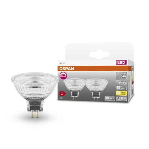OSRAM Dimmbare Niedervolt-LED-Reflektorlampen MR16 mit Retrofit-Stecksockel, 35 Watts Ersatz, GU5.3, MR16 reflector, 2700 Kelvin, Warm weiß, Klares Glas, 2-er Pack