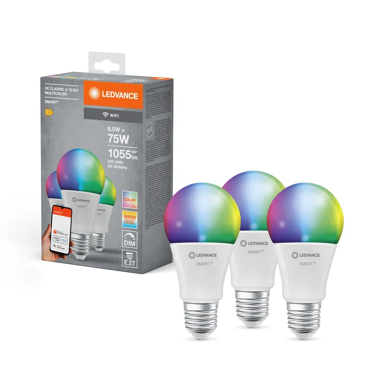 LEDVANCE SMART+ WiFi Classic Multicolour in A-Form, LED-Lampe, Matt, 9,5 W, (ex 75 W), 1055 lm, RGBW, von 2700 bis 6500 K, Wifi, Smartspeaker-Kompatibel, Dimmbar, 3er