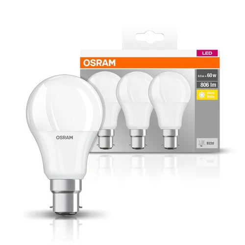 OSRAM BASE CLA60 8,5W/827 230VFR B22D FS3, Warmweiß, 3er Pack