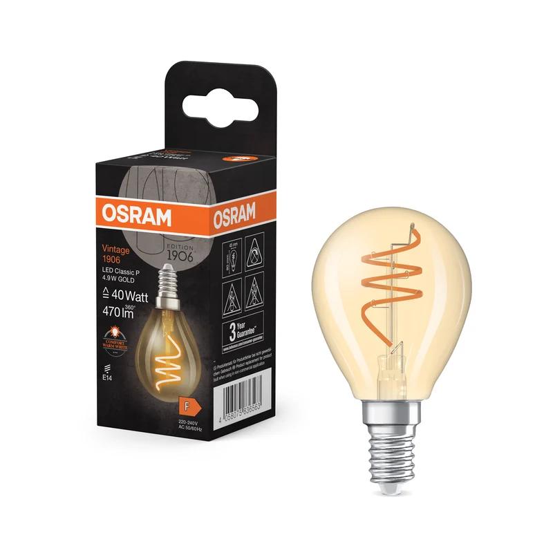 OSRAM Vintage 1906 Classic LED-Lampe Gold, 4.9W, 470lm, 45mm , Comfort warm white , E14