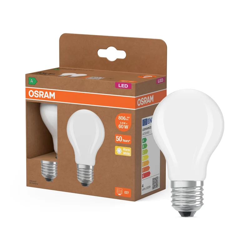 OSRAM LED LAMPS ENERGY CLASS A ENERGY EFFICIENCY FILAMENT CLASSIC A in A-Form, LED-Lampe, Bleifreies Glas, Matt, 3,8 W, 806 lm, Warmweiß, Energieeffizienzklasse: A, 2er