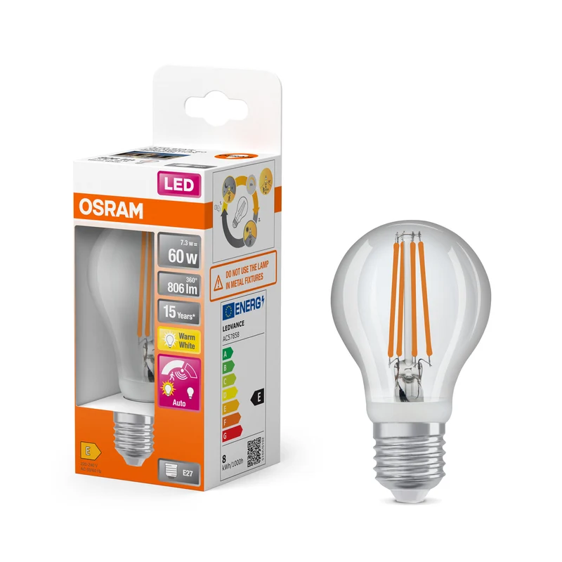 OSRAM LED Star Classic Lampe mit Sensor, 7.3W, Klar, E27 , Warmweiß