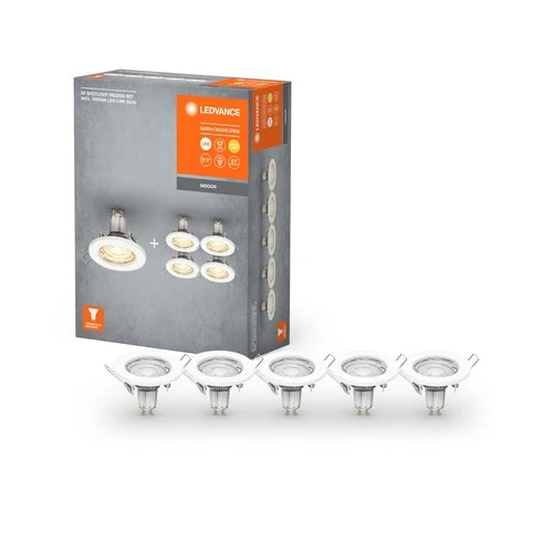 LEDVANCE Spot Einbauleuchten im 5er-Pack, Ø 80mm, inkl. 5x GU10-OSRAM Leuchtmittel (5x 2.6W), weiß, metallisches Gehäuse, IP20-Schutz