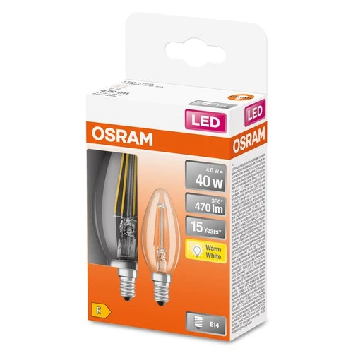 OSRAM LED-Lampen, klassische Minikerzenform, 40 Watts Ersatz, E14, B-shape, 2700 Kelvin, Warm weiß, Klares Glas, 2-er Pack