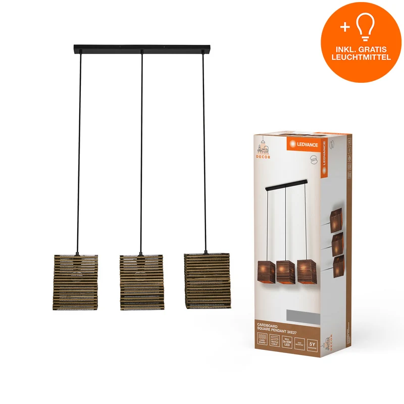 LEDVANCE DECOR Pendelleuchte Decor Cardboard Square braun, 3xE27, inkl. Leuchtmittel