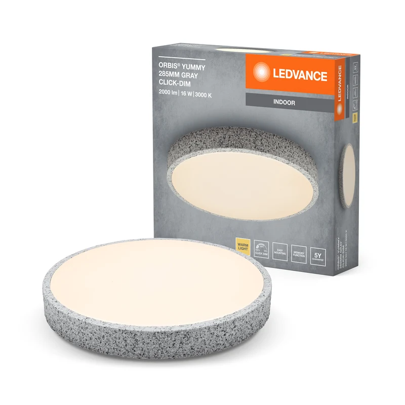 LEDVANCE ORBIS Yummy LED-Deckenleuchte mit Metallring, grau, 16W, 1000lm, 3000K, 285mm, 830 freundliches Warmweiß, durch Klicken dimmbar, IP20 Schutz, Montageschrauben und Dübel inklusive