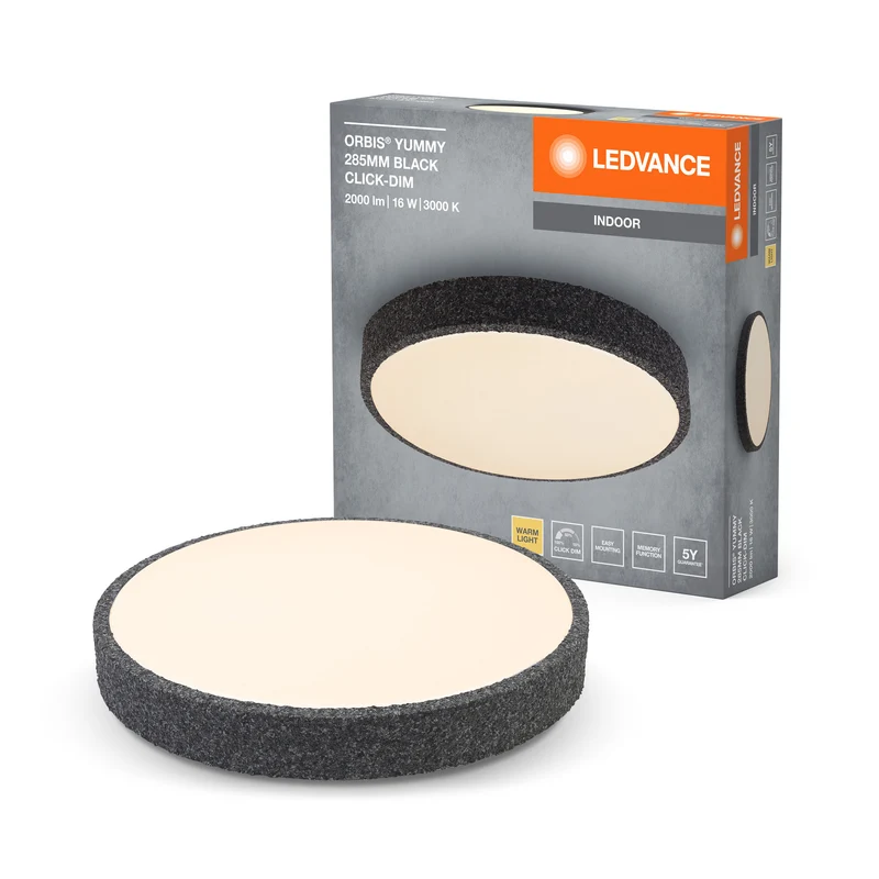 LEDVANCE ORBIS Yummy LED-Deckenleuchte mit Metallring, schwarz, 16W, 1000lm, 3000K, 285mm, 830 freundliches Warmweiß, durch Klicken dimmbar, IP20 Schutz, Montageschrauben und Dübel inklusive