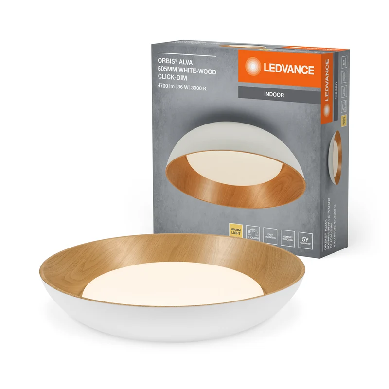 LEDVANCE ORBIS Alva LED-Deckenleuchte, weiß mit Holzdekor, 36W, 1600lm, 3000K, 830 freundliches Warmweiß, durch Klicken in 3-Stufen dimmbar, IP20 Schutz, Montageschrauben und Dübel inklusive