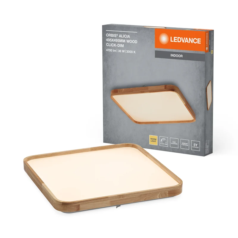 LEDVANCE ORBIS Alicia LED-Deckenleuchte mit Holzdekor, 16W, 2500lm, 3000K, 495x495mm, freundliches Warmweiß, durch Klicken dimmbar, IP20 Schutz, Montageschrauben und Dübel inklusive
