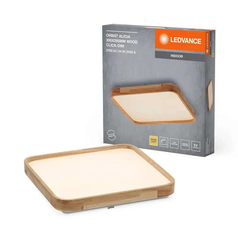 LEDVANCE ORBIS Alicia LED-Deckenleuchte mit Holzdekor, 24W, 1600lm, 3000K, 395x395mm, freundliches Warmweiß, durch Klicken dimmbar, IP20 Schutz, Montageschrauben und Dübel inklusive