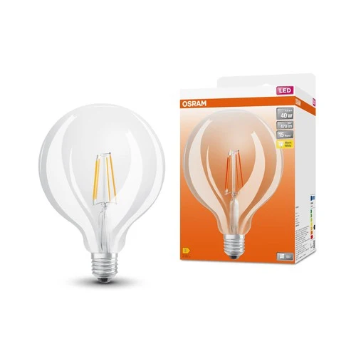 OSRAM LED-Lampen, klassische Ballform, 40 Watts Ersatz, E27, G125, 2700 Kelvin, Warm weiß, Klares Glas, single Pack
