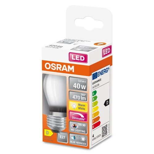 OSRAM FILAMENT LED-Lampe LED SUPERSTAR+ CL P GL FR 40 dim 3,4W/940 E27 CRI90 BOX, E27 , Warmweiß