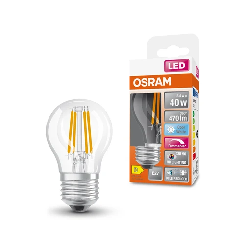 OSRAM FILAMENT LED-Lampe LED SUPERSTAR+ CL P GL FR 40 dim 3,4W/927 E27 CRI90 BOX, E27 , Kaltweiß