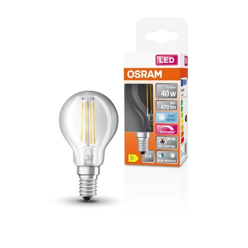 OSRAM FILAMENT LED-Lampe LED SUPERSTAR+ CL P GL FR 40 dim 3,4W/927 E14 CRI90 BOX , Kaltweiß