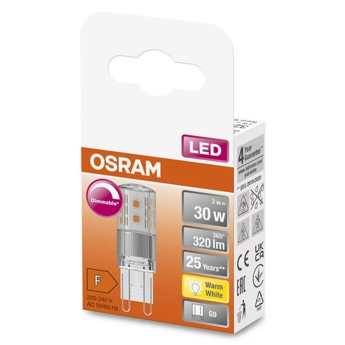 OSRAM LED Stiftsockellampe PIN dimmbar klar (ex 30W) 3W / 2700K Warmweiß PIN G9