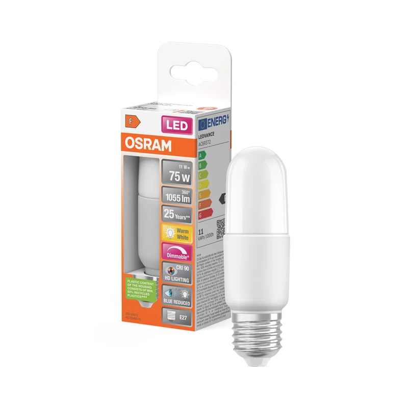 OSRAM LED SUPERSTAR PCR CLASSIC STICK DIM LAMP in Stick-Form, LED-Lampe, Matt, 11 W, (ex 75 W), 1000 lm, Warmweiß, 2700 K, Dimmbar, 15000 h, CRI 90