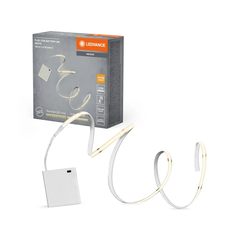 LEDVANCE FLEX dekorative batteriebetriebene COB-Streifen mit warmweißem Licht, 2 m, 3. 3W, 150lm, 3000K, 830 warmweiß, IP20, gelb, Silikon, Leuchtmittel nicht austauschbar