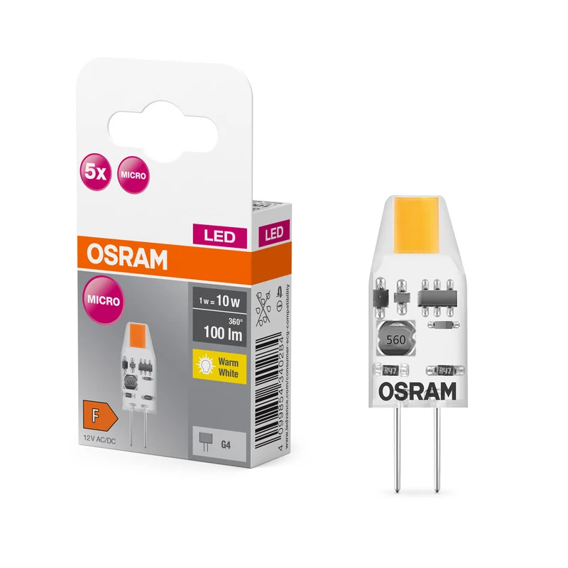OSRAM LED Stiftsockellampe PIN Lampe Warmweiß Klar, 12 V, 1 W, 27000 K, G4 5er Pack