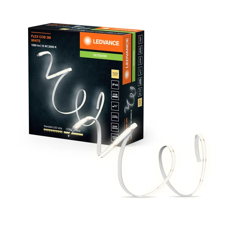 LEDVANCE FLEX COB OUTDOOR 3M LED-Streifen, weiß, 13W, 1900lm, warmweißes Licht, COB-Technologie, homogene Lichtverteilung, lange Lebensdauer, einfache Montage, SchutzkIasse IP44, 3000K