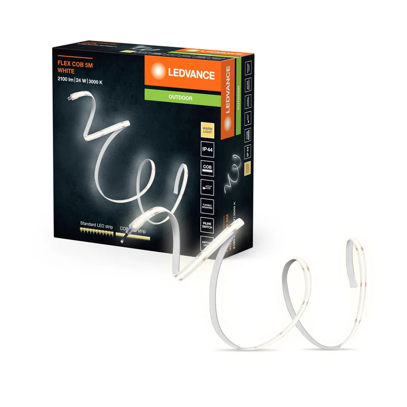 LEDVANCE FLEX COB OUTDOOR 5M LED-Streifen, weiß, 22W, 800lm, warmweißes Licht, COB-Technologie, homogene Lichtverteilung, lange Lebensdauer, einfache Montage, SchutzkIasse IP44, 3000K