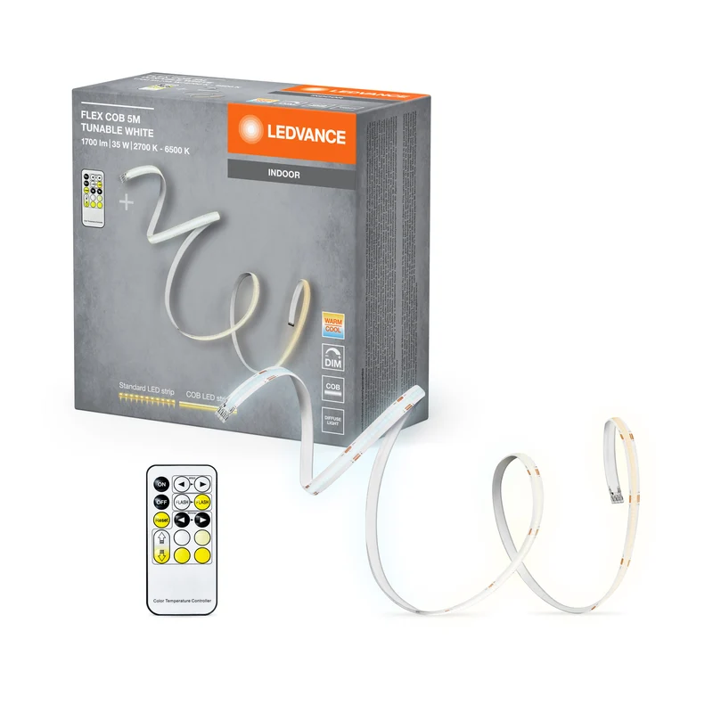 LEDVANCE FLEX COB 5M LED-Streifen TW RC, gelb, 30W, 1700lm, warm- bis kaltweiß steuerbar, COB-Technologie, homogene Lichtverteilung, mit Fernbedienung, lange Lebensdauer, einfache Montage, IP20