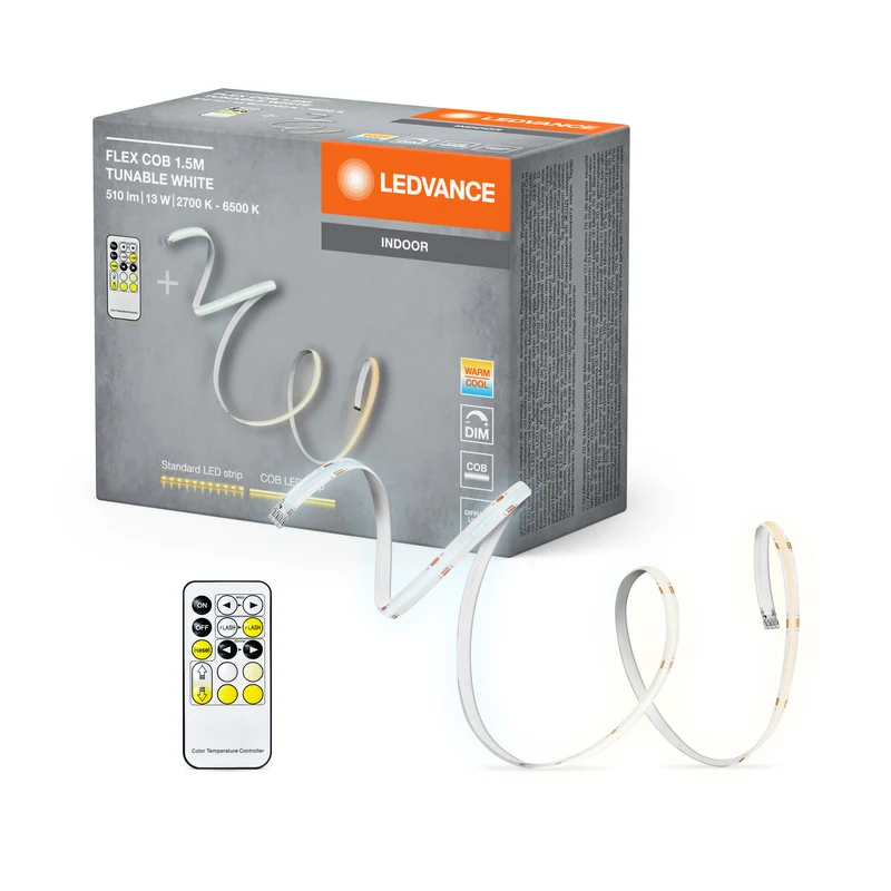 LEDVANCE FLEX COB 1. 5M LED-Streifen TW RC, gelb, 14W, 500lm, warm- bis kaltweiß steuerbar, COB-Technologie, homogene Lichtverteilung, mit Fernbedienung, lange Lebensdauer, einfache Montage, IP20